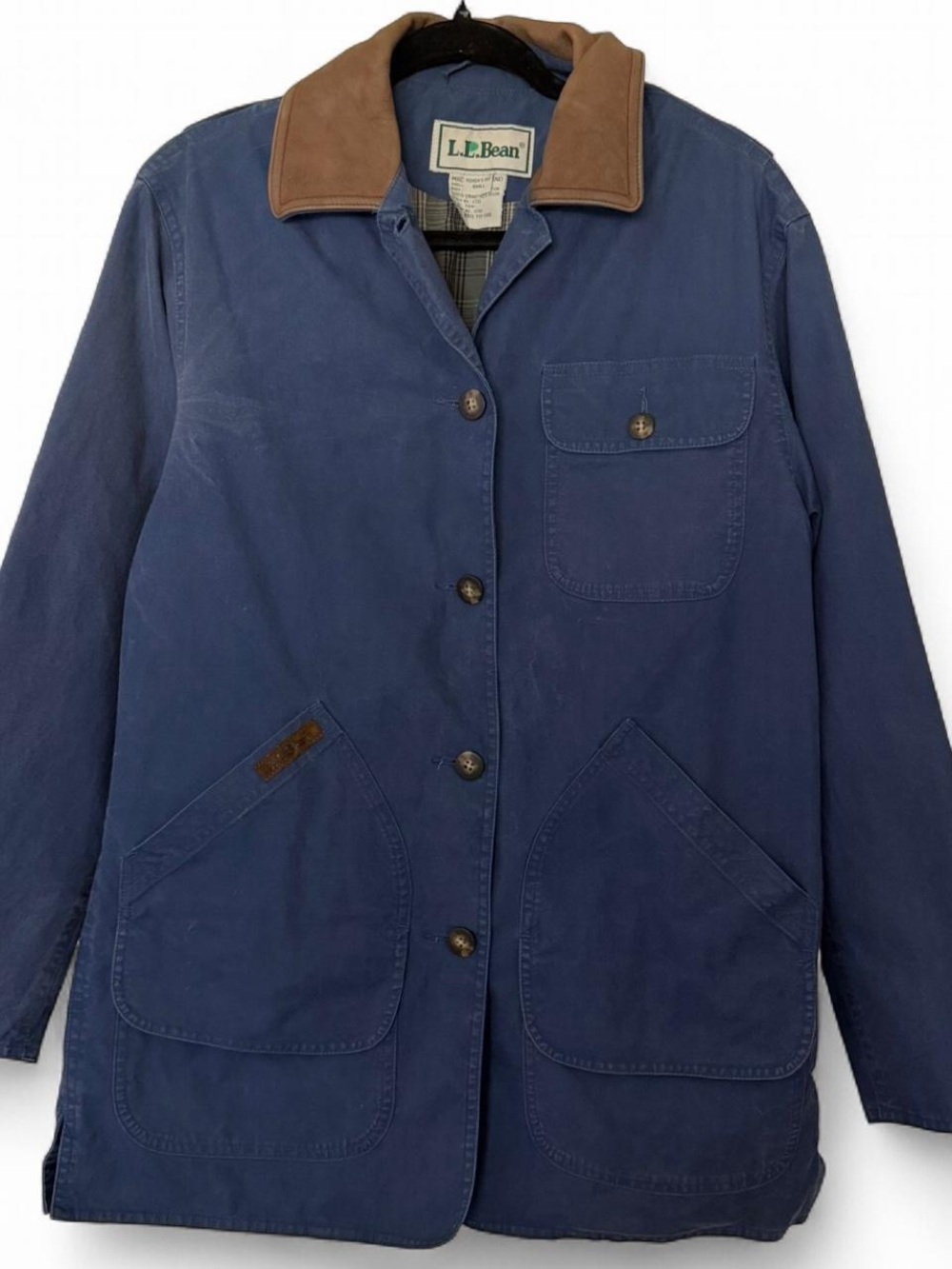 Vintage L.L.Bean navy blue barn chore jacket coat with brown collar size small